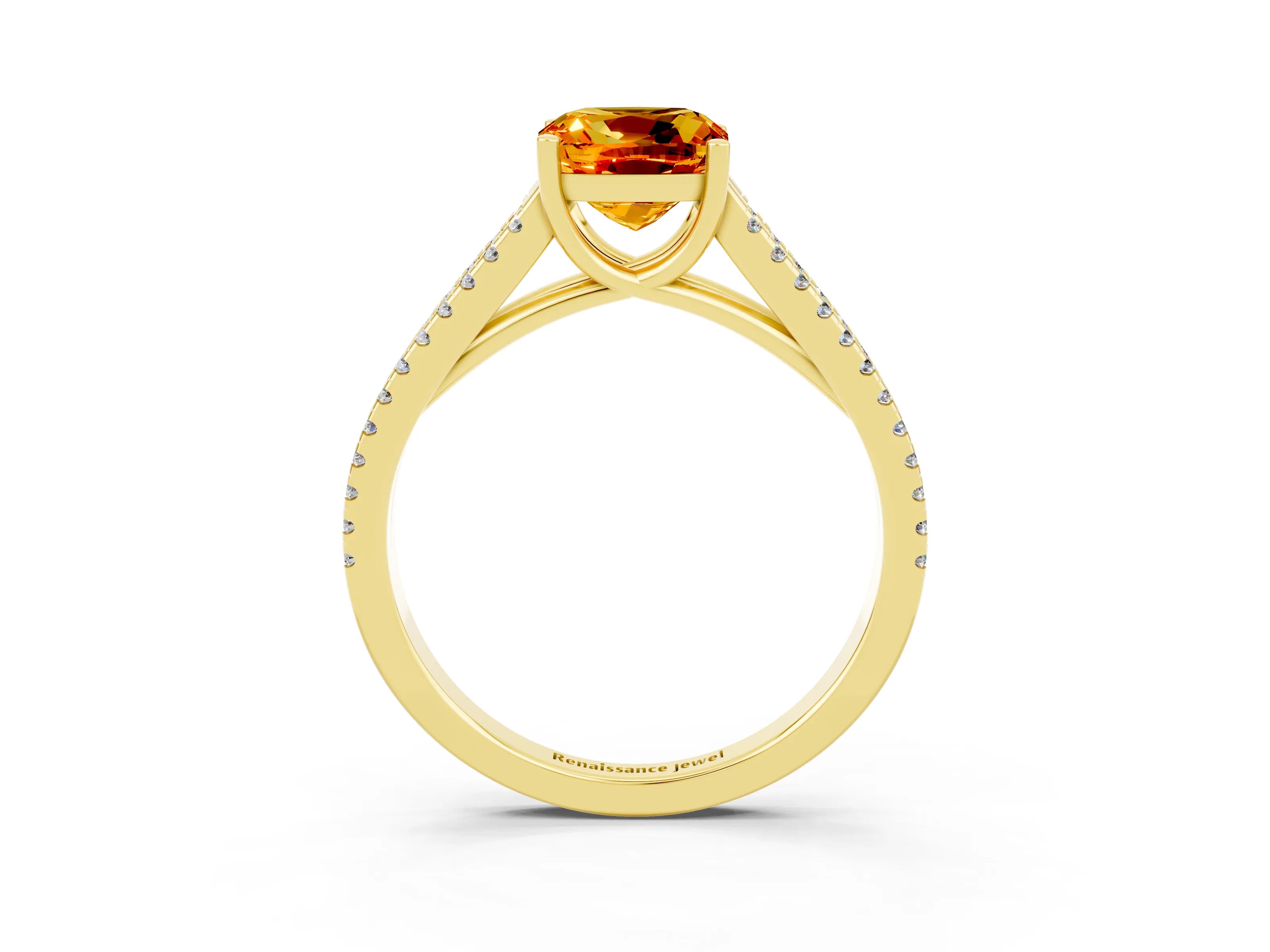 Yellow gold Cushion Cut Citrine Solitaire Engagement Ring with Split Shank Pavé Band_15