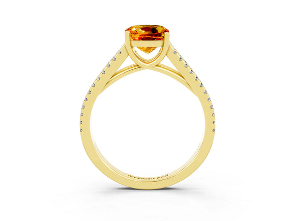 Yellow gold Cushion Cut Citrine Solitaire Engagement Ring with Split Shank Pavé Band