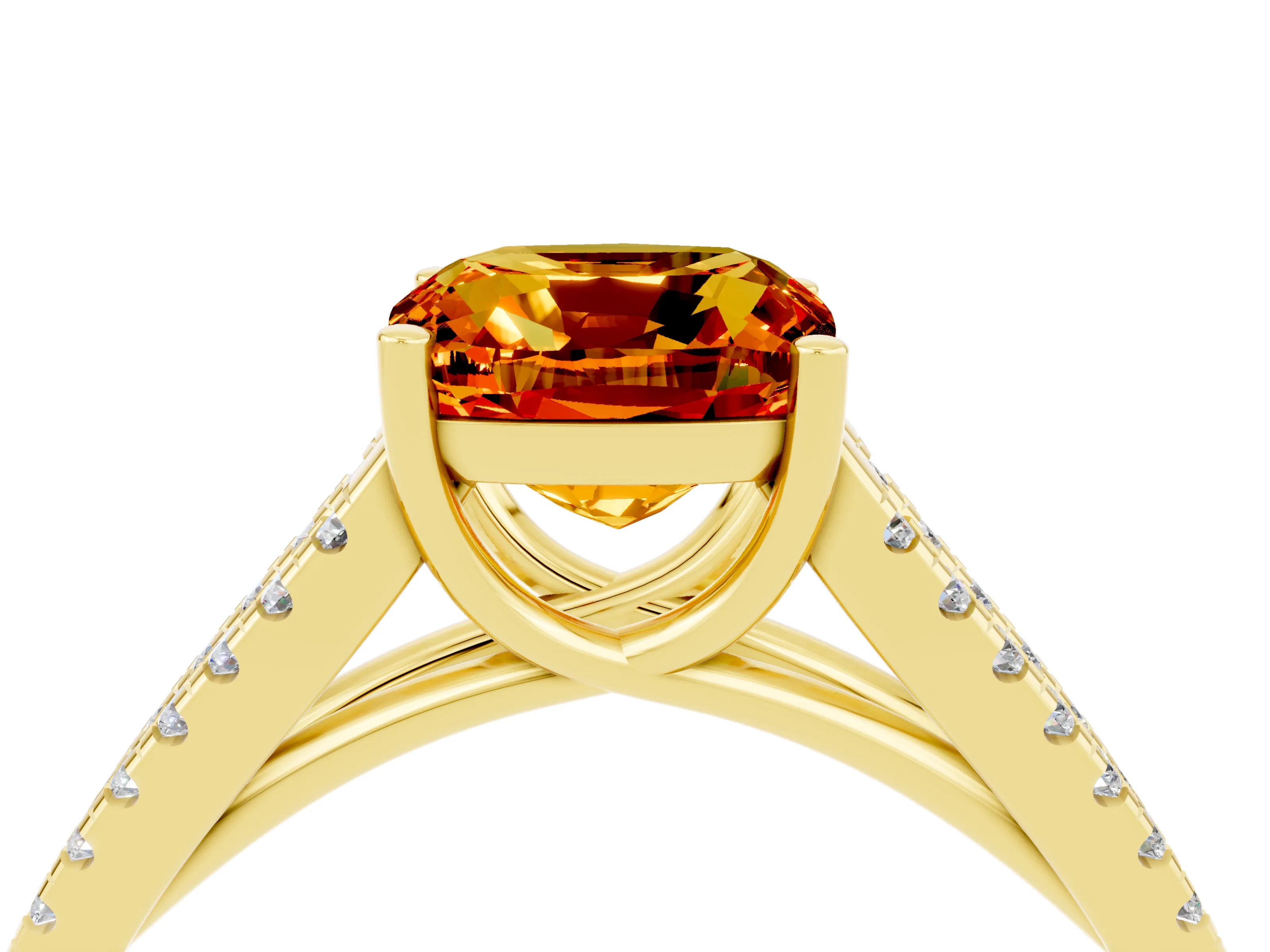 Yellow gold Cushion Cut Citrine Solitaire Engagement Ring with Split Shank Pavé Band_16