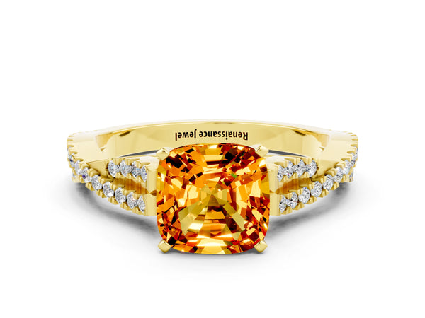Yellow gold Cushion Cut Citrine Solitaire Engagement Ring with Twisted Pavé Band and Four-Prong Setting