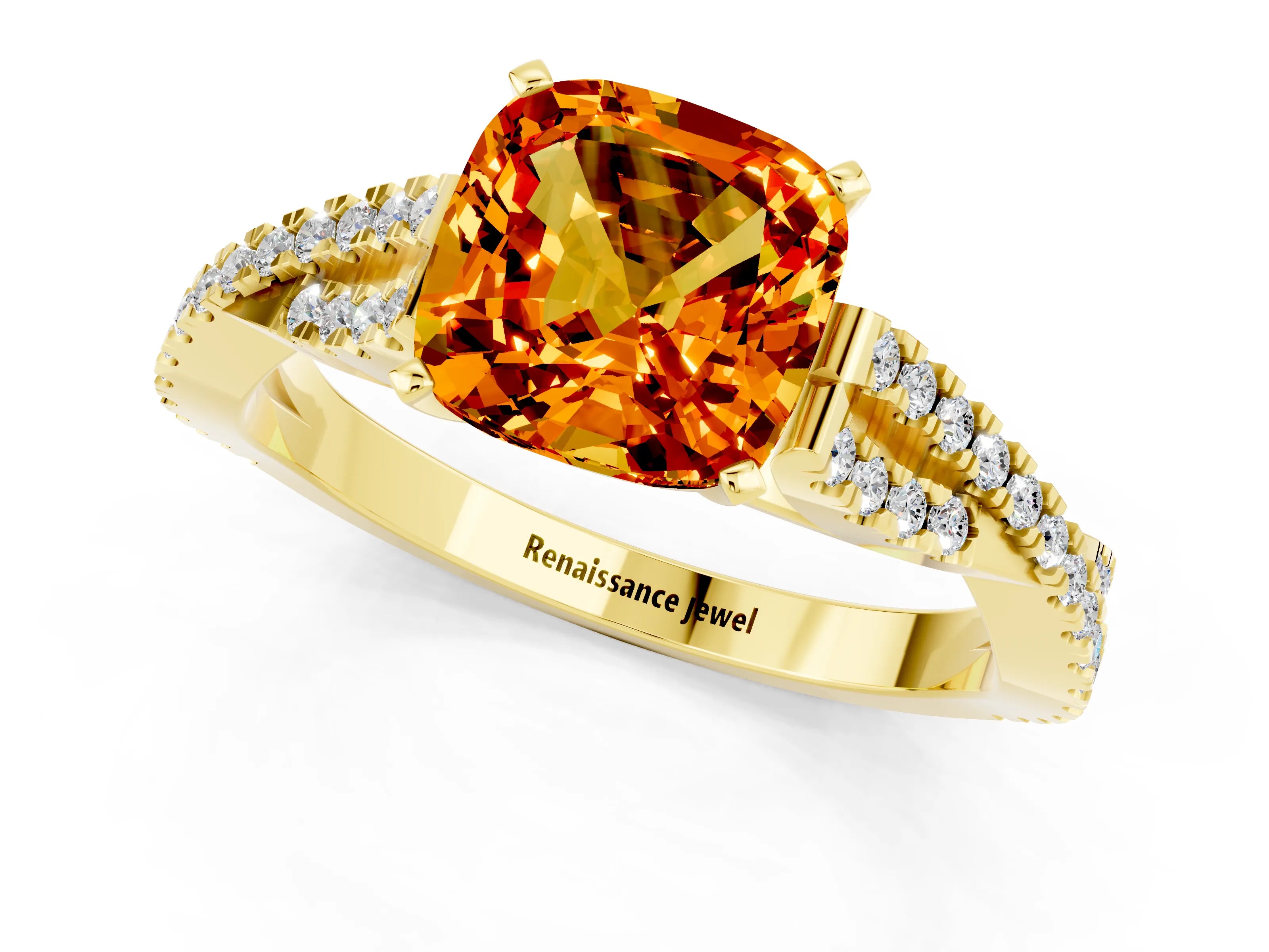 Yellow gold Cushion Cut Citrine Solitaire Engagement Ring with Twisted Pavé Band and Four-Prong Setting_13