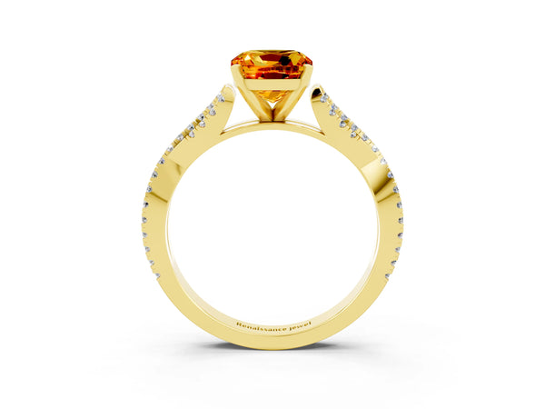 Yellow gold Cushion Cut Citrine Solitaire Engagement Ring with Twisted Pavé Band and Four-Prong Setting