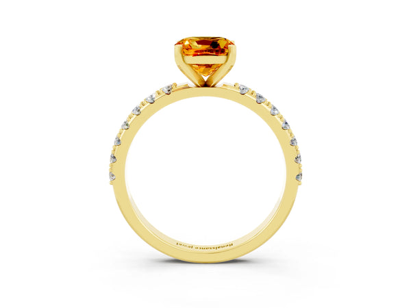 Yellow gold Cushion Cut Citrine Solitaire Pavé Band with Four-Prong Setting