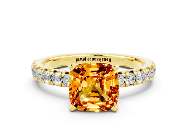 Yellow gold Cushion Cut Citrine Solitaire Pavé Engagement Ring with Round Band and Prong Setting