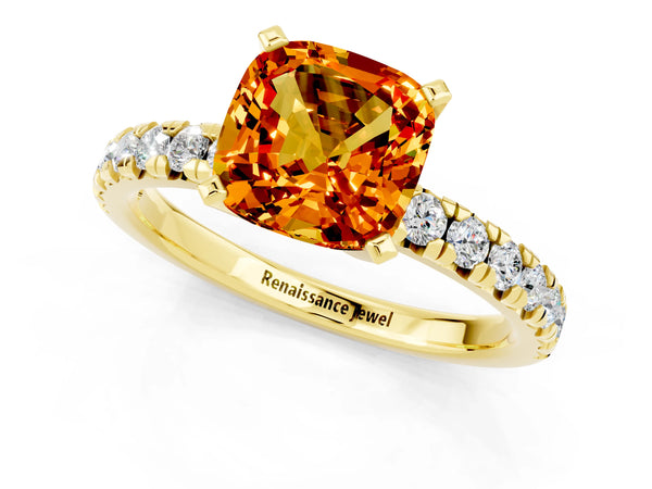 Yellow gold Cushion Cut Citrine Solitaire Pavé Engagement Ring with Round Band and Prong Setting