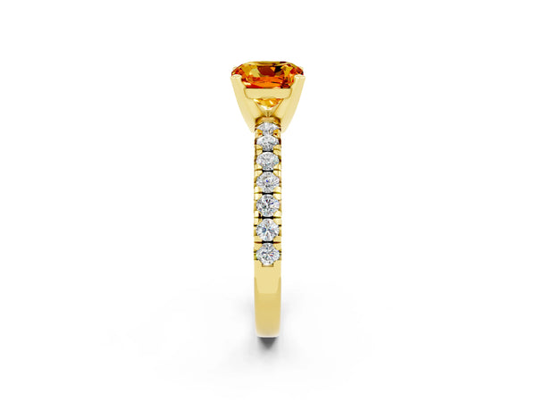 Yellow gold Cushion Cut Citrine Solitaire Pavé Engagement Ring with Round Band and Prong Setting