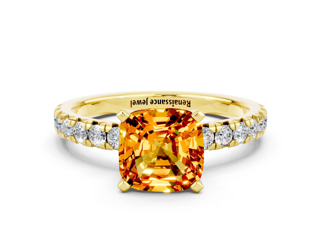 Yellow gold Cushion Cut Citrine Solitaire Pavé Engagement Ring with Round Band and Prong Setting_84