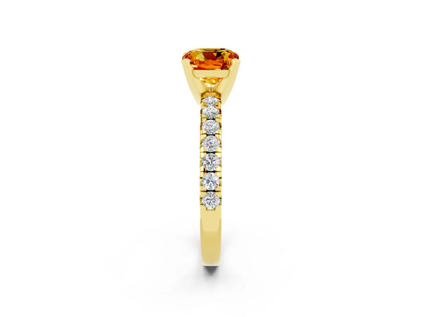 Yellow gold Cushion Cut Citrine Solitaire Pavé Engagement Ring with Round Band and Prong Setting