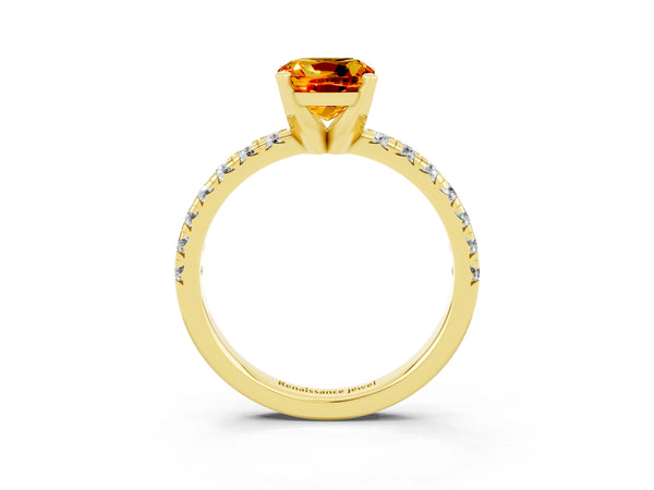 Yellow gold Cushion Cut Citrine Solitaire Pavé Engagement Ring with Round Band and Prong Setting