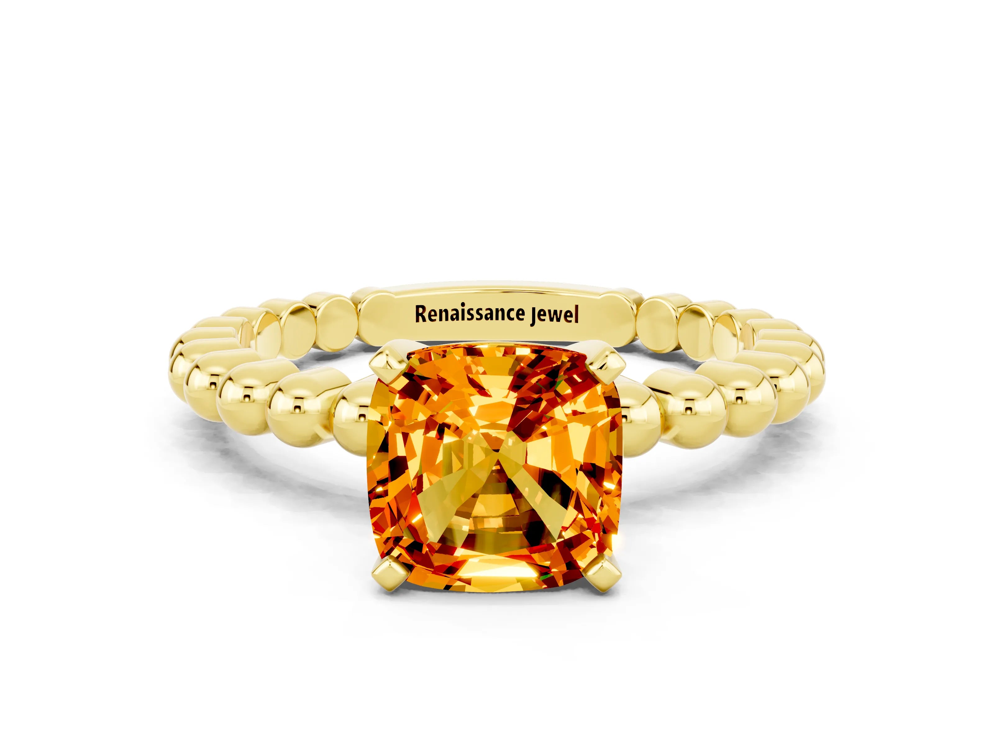 Yellow gold Cushion Cut Citrine Solitaire Ring with Beaded Band and Prong Setting
