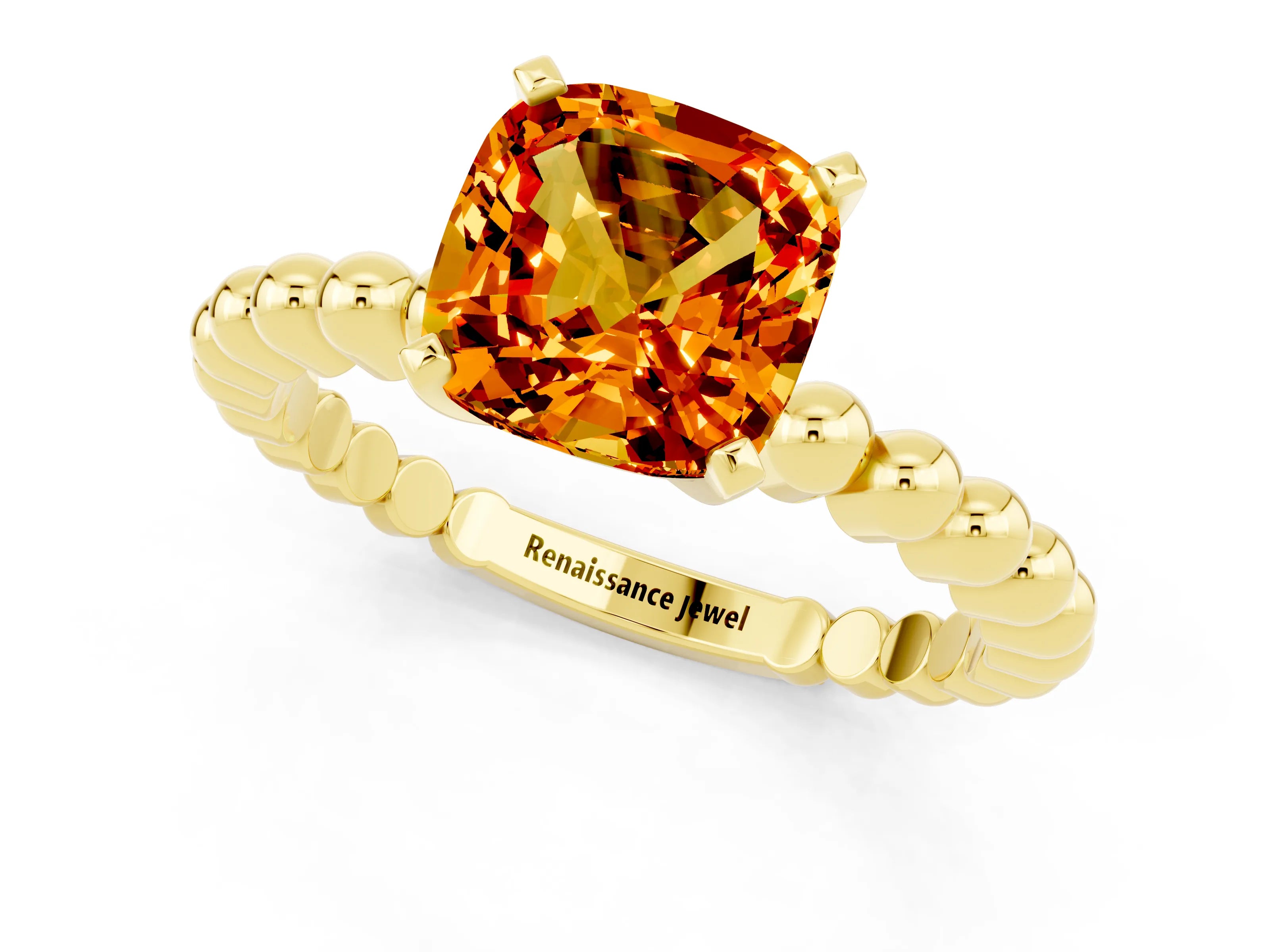Yellow gold Cushion Cut Citrine Solitaire Ring with Beaded Band and Prong Setting_1
