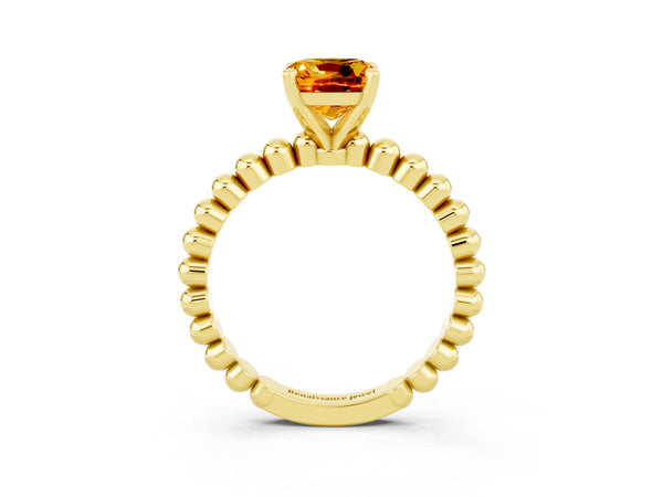 Yellow gold Cushion Cut Citrine Solitaire Ring with Beaded Band and Prong Setting