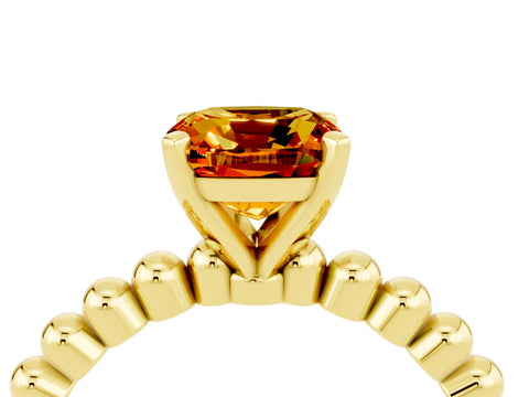Yellow gold Cushion Cut Citrine Solitaire Ring with Beaded Band and Prong Setting_4