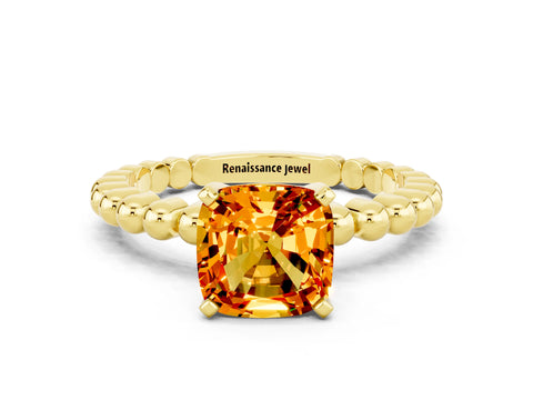 Yellow gold Cushion Cut Citrine Solitaire Ring with Beaded Band and Prong Setting