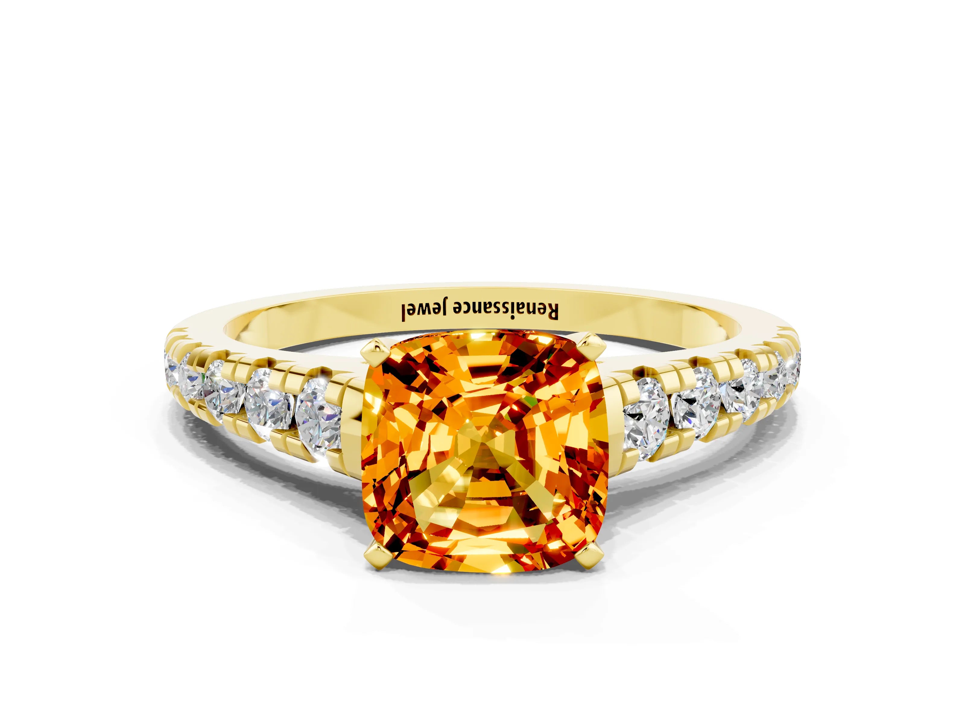 Yellow gold Cushion Cut Citrine Solitaire Ring with Cathedral Setting and Pavé Band