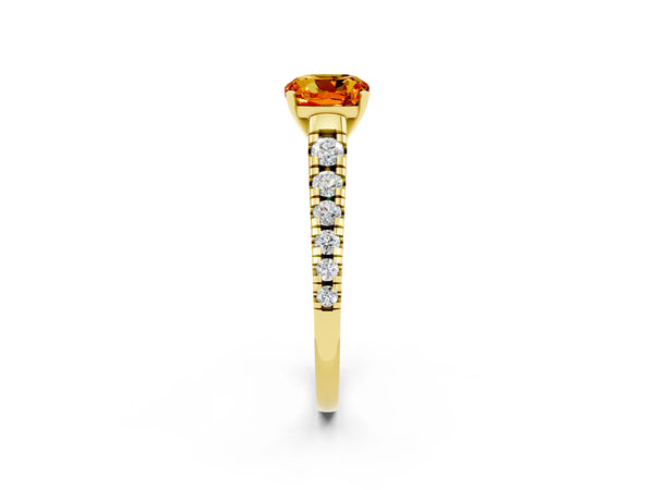 Yellow gold Cushion Cut Citrine Cathedral Solitaire Ring with Round  Pavé Band