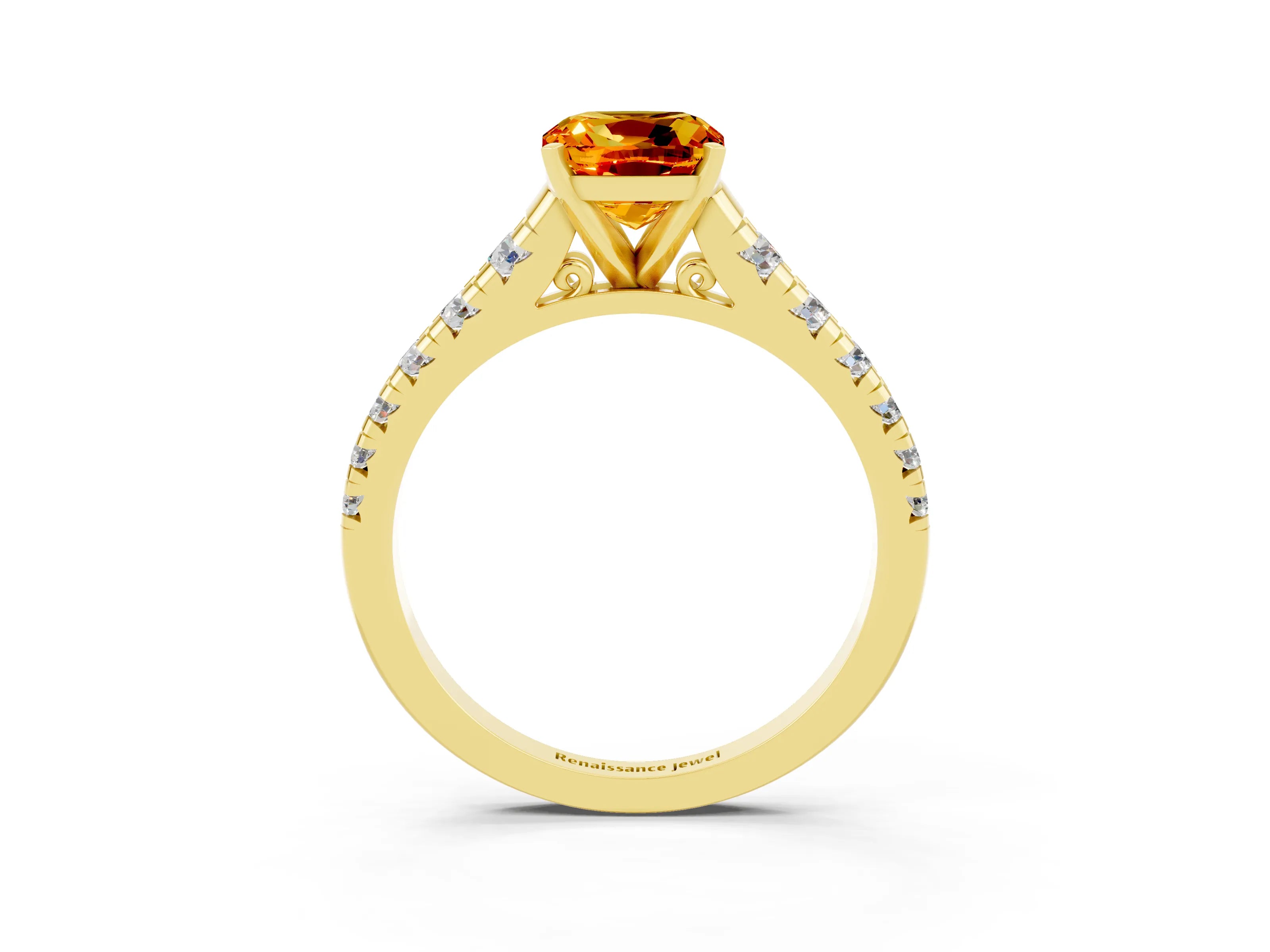 Yellow gold Cushion Cut Citrine Solitaire Ring with Cathedral Setting and Pavé Band_3