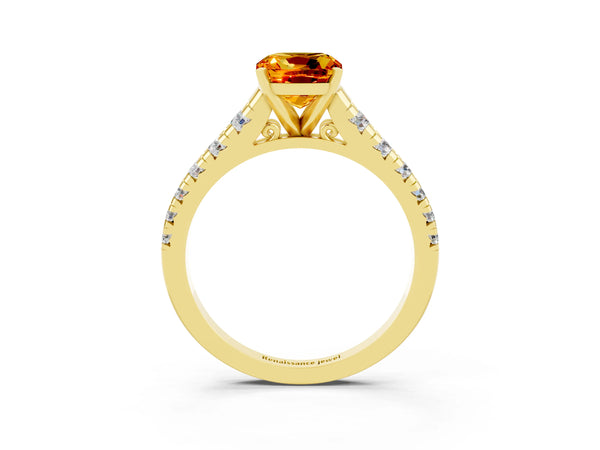 Yellow gold Cushion Cut Citrine Cathedral Solitaire Ring with Round  Pavé Band