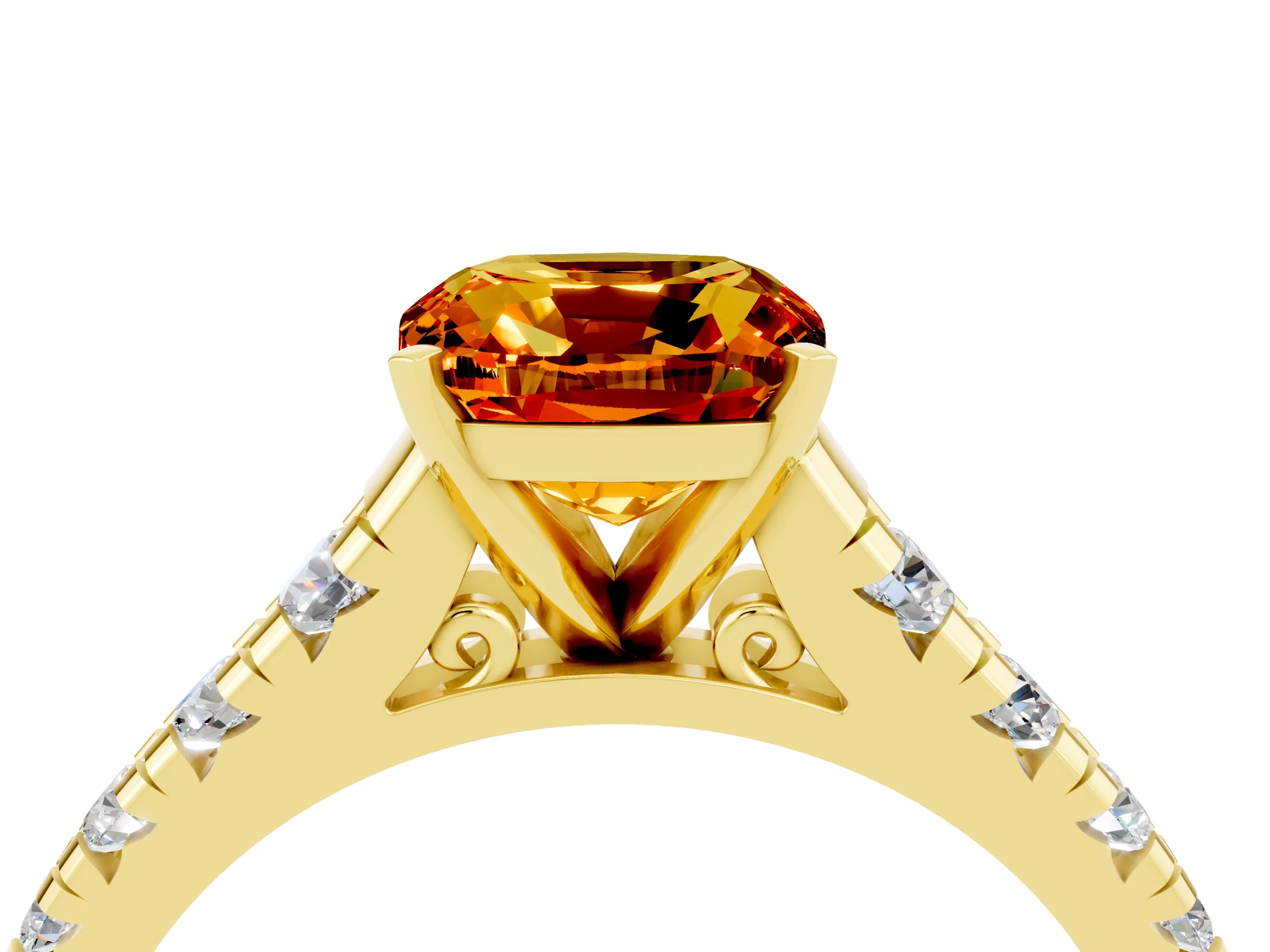 Yellow gold Cushion Cut Citrine Solitaire Ring with Cathedral Setting and Pavé Band_4