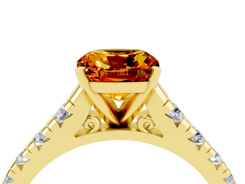 Yellow gold Cushion Cut Citrine Solitaire Ring with Cathedral Setting and Pavé Band_4