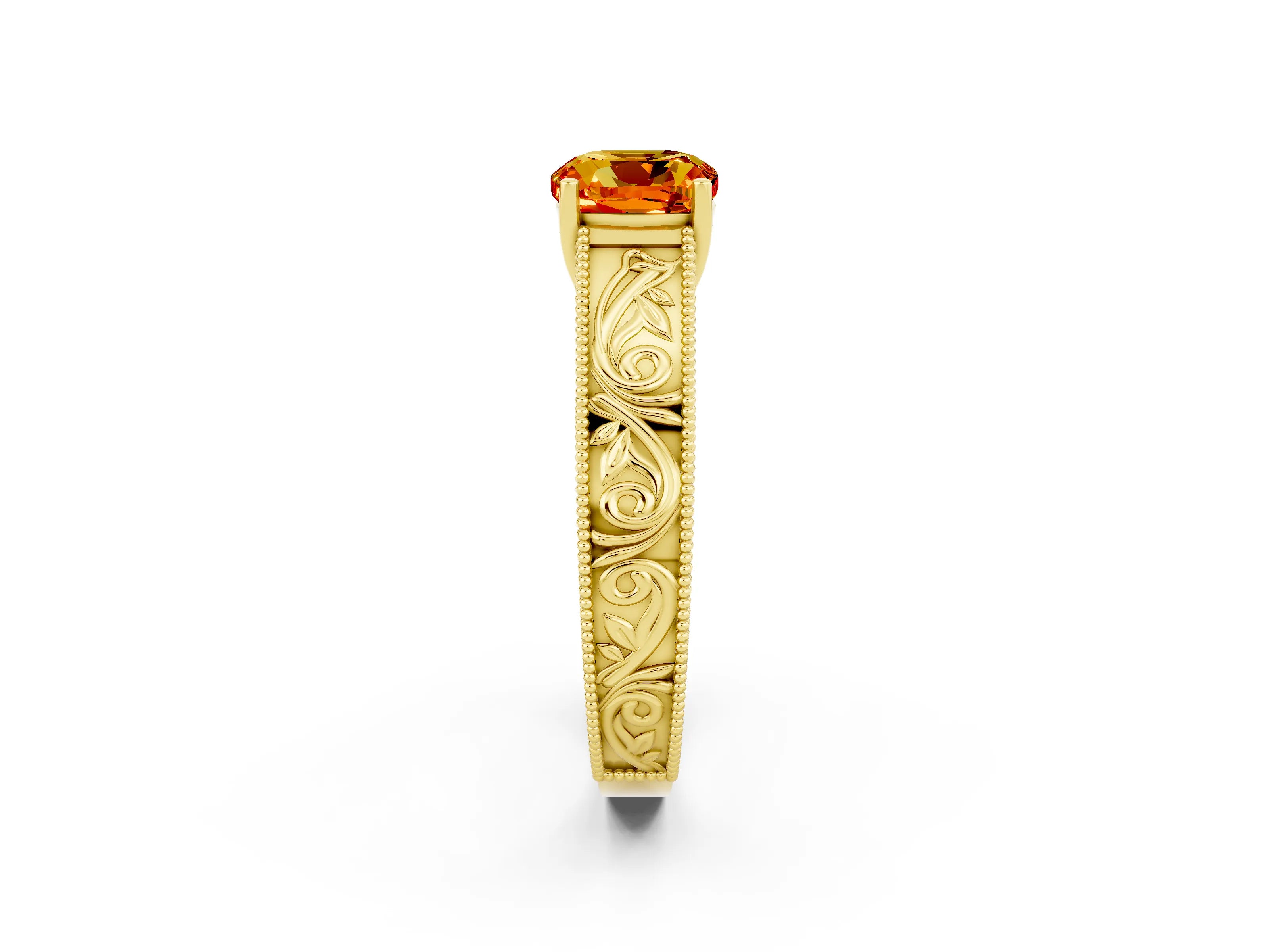 Yellow gold Cushion Cut Citrine Solitaire Ring with Engraved Band and Four-Prong Setting_2