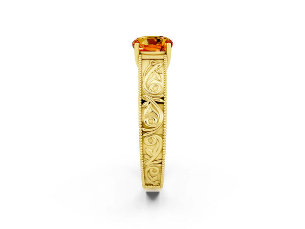 Yellow gold Cushion Cut Citrine Solitaire Ring with Engraved Band and Four-Prong Setting
