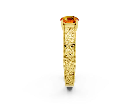 Yellow gold Cushion Cut Citrine Solitaire Ring with Engraved Band and Four-Prong Setting_2