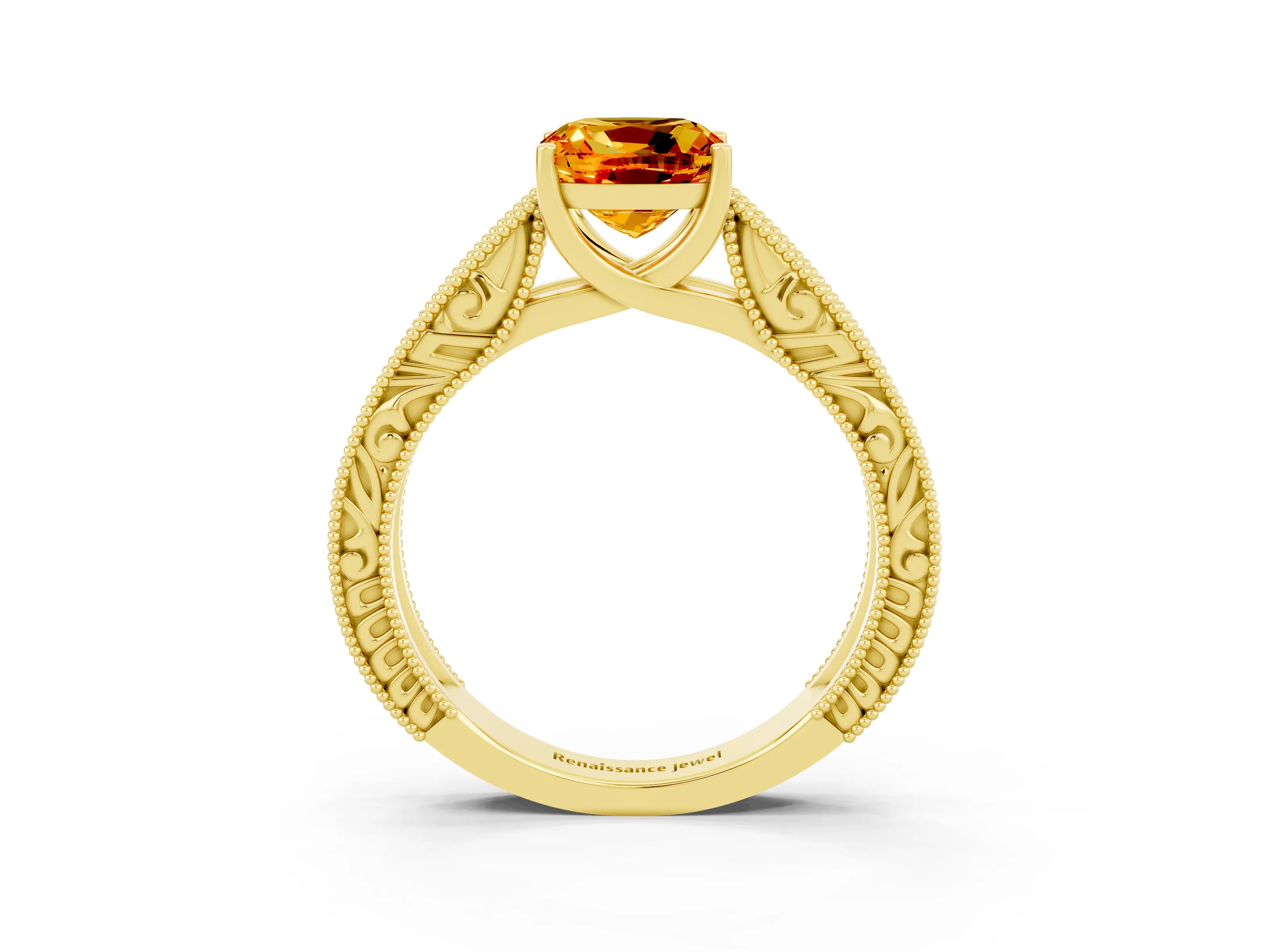 Yellow gold Cushion Cut Citrine Solitaire Ring with Engraved Band and Four-Prong Setting_3