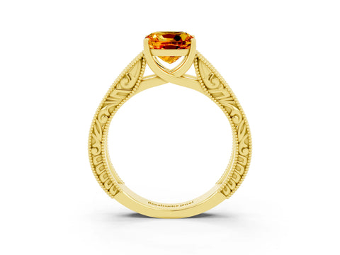Yellow gold Cushion Cut Citrine Solitaire Ring with Engraved Band and Four-Prong Setting_3