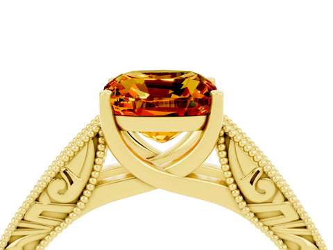 Yellow gold Cushion Cut Citrine Solitaire Ring with Engraved Band and Four-Prong Setting_4