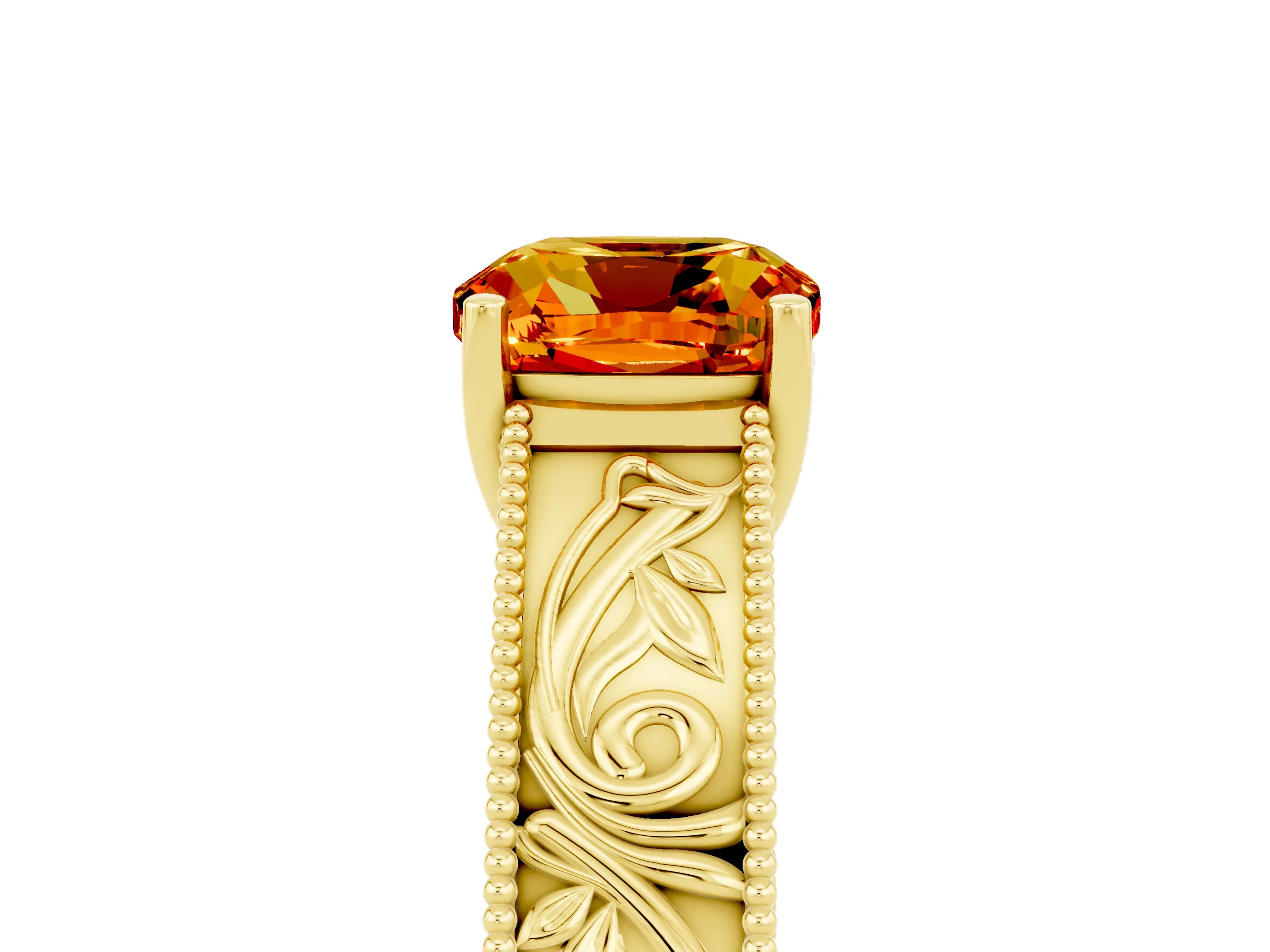 Yellow gold Cushion Cut Citrine Solitaire Ring with Engraved Band and Four-Prong Setting_5