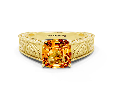 Yellow gold Cushion Cut Citrine Solitaire Ring with Engraved Band and Four-Prong Setting