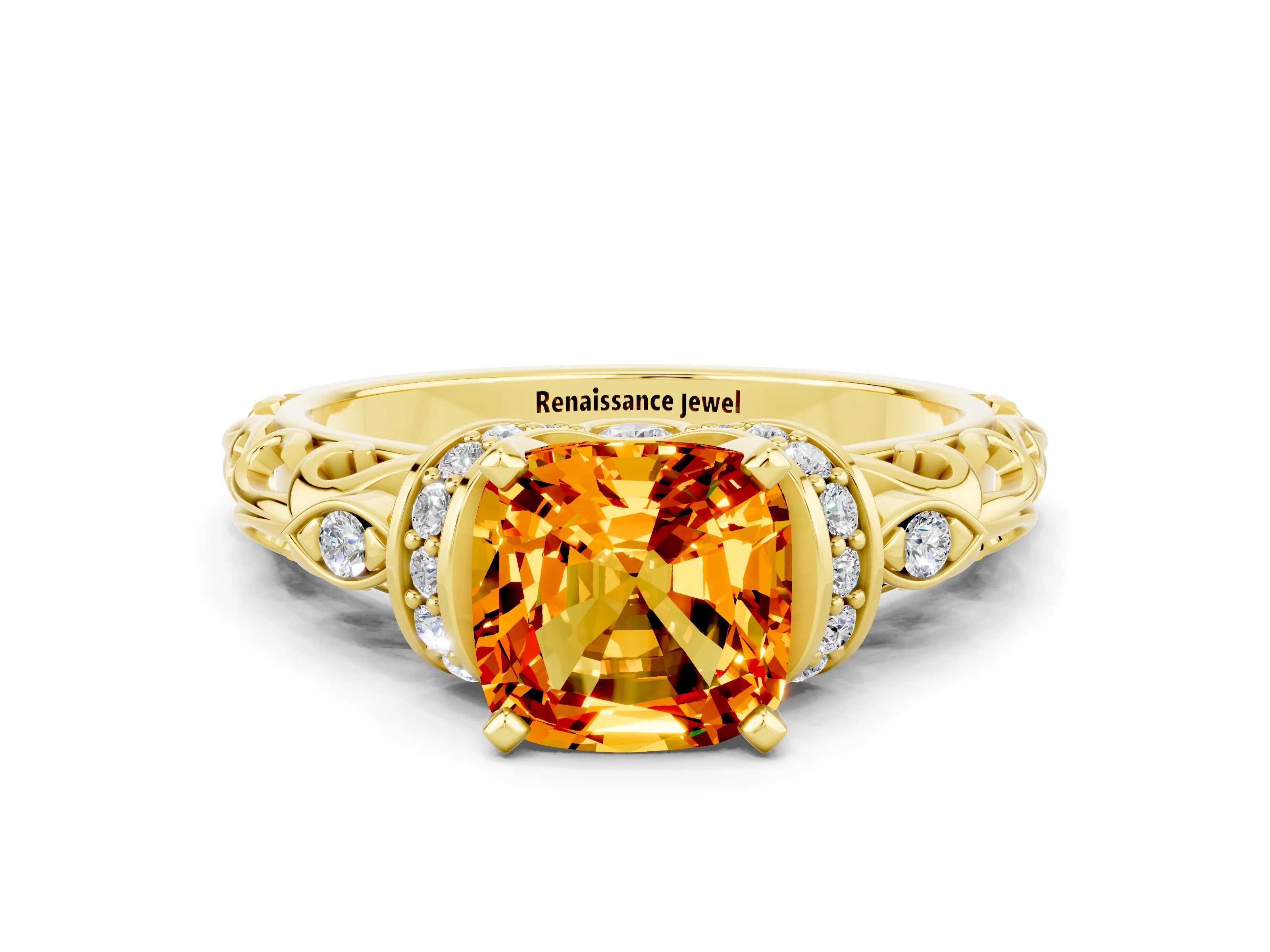 Yellow gold Cushion Cut Citrine Solitaire Ring with Filigree Band and Four-Prong Setting_24