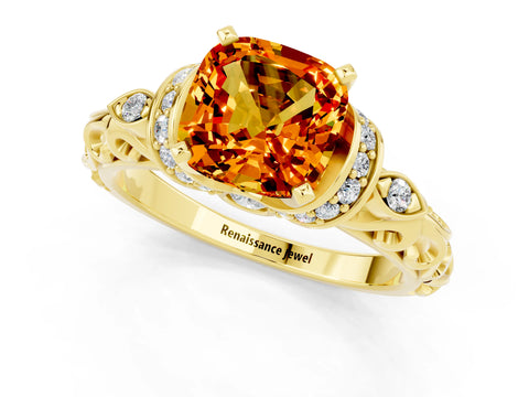 Yellow gold Cushion Cut Citrine Solitaire Ring with Filigree Band and Four-Prong Setting_25