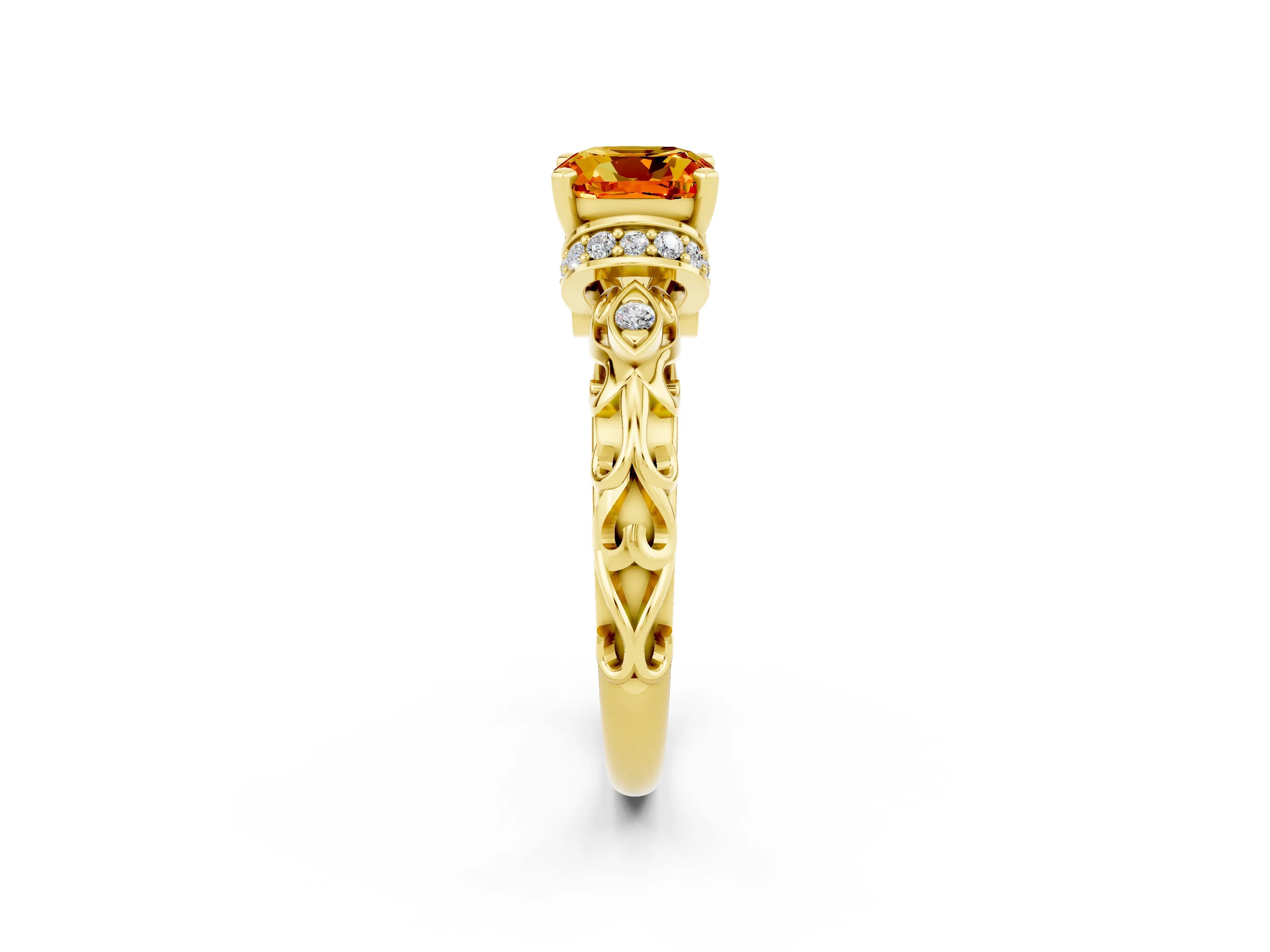 Yellow gold Cushion Cut Citrine Solitaire Ring with Filigree Band and Four-Prong Setting_26