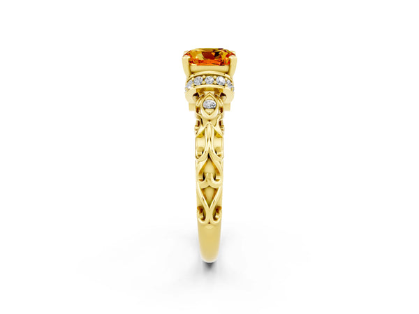 Yellow gold Cushion Cut Citrine Solitaire Ring with Filigree Band and Four-Prong Setting