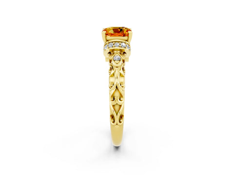 Yellow gold Cushion Cut Citrine Solitaire Ring with Filigree Band and Four-Prong Setting_26