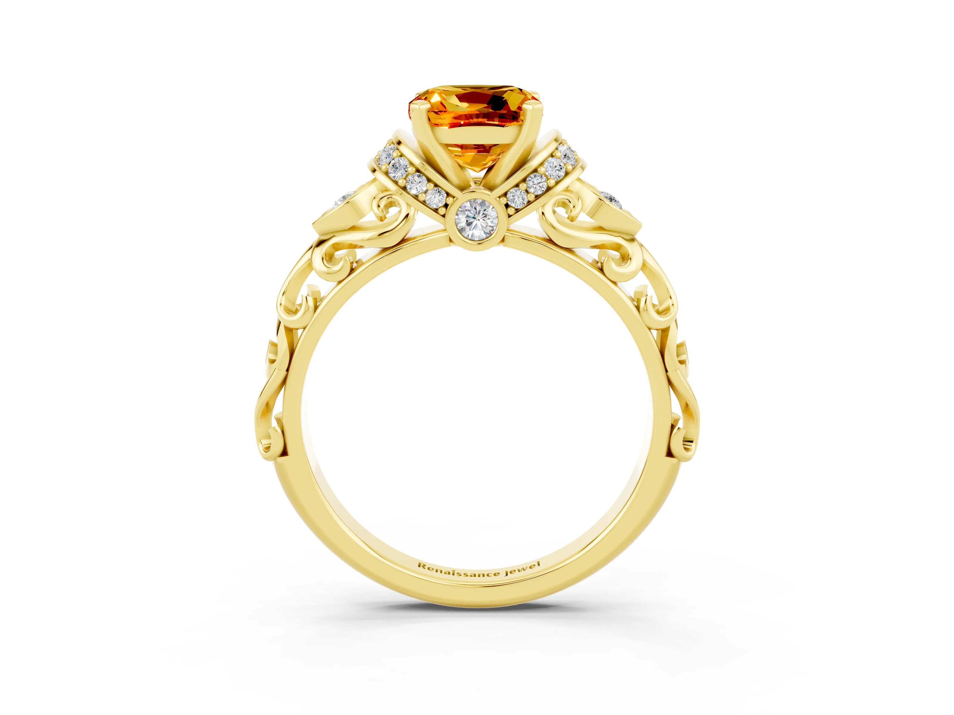 Yellow gold Cushion Cut Citrine Solitaire Ring with Filigree Band and Four-Prong Setting_27