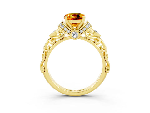 Yellow gold Cushion Cut Citrine Solitaire Ring with Filigree Band and Four-Prong Setting_27