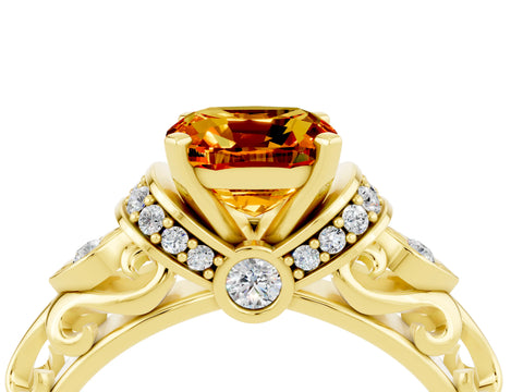 Yellow gold Cushion Cut Citrine Solitaire Ring with Filigree Band and Four-Prong Setting_28
