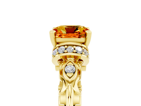 Yellow gold Cushion Cut Citrine Solitaire Ring with Filigree Band and Four-Prong Setting_29