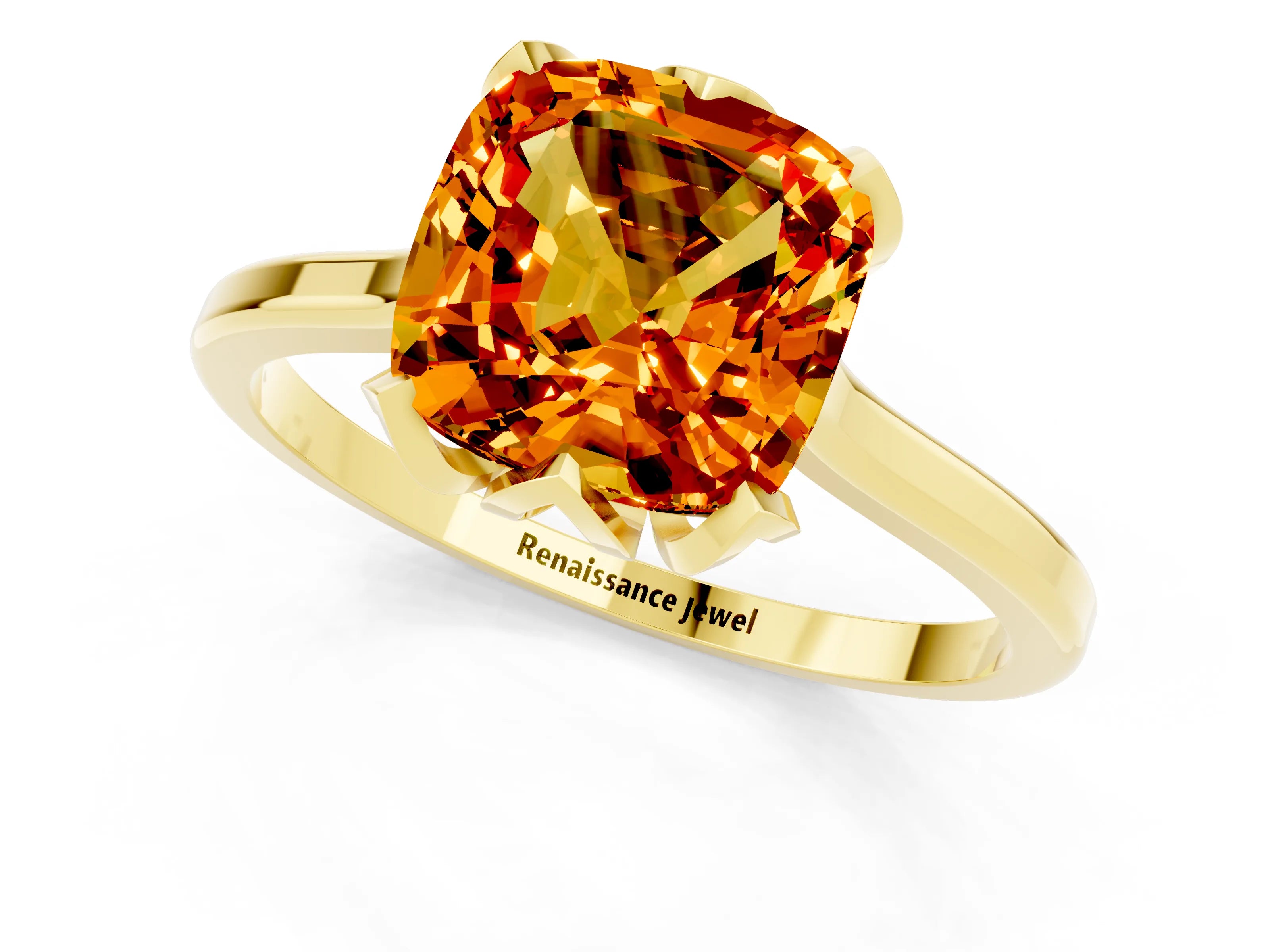 Yellow gold Cushion Cut Citrine Solitaire Ring with Flower Prong Setting and Classic Band_13