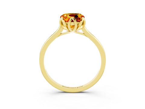 Yellow gold Cushion Cut Citrine Solitaire Ring with Flower Prong Setting and Classic Band_15