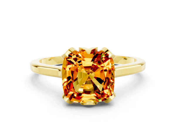 Yellow gold Cushion Cut Citrine Solitaire Ring with Flower Prong Setting and Classic Band
