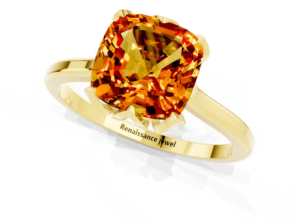 Yellow gold Cushion Cut Citrine Solitaire Ring with Flower Prong Setting and Classic Band