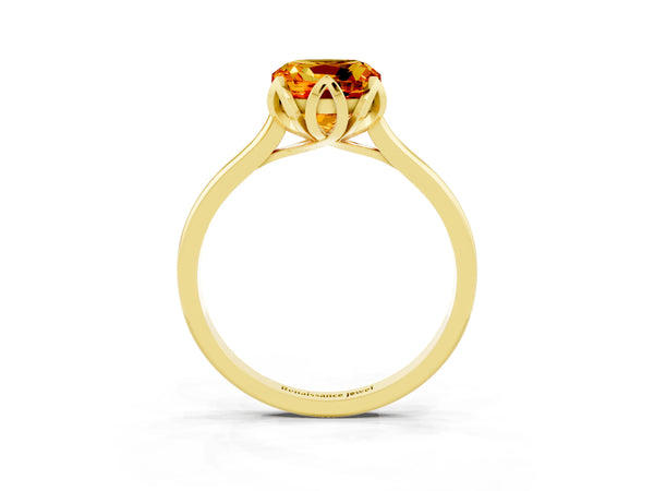 Yellow gold Cushion Cut Citrine Solitaire Ring with Flower Prong Setting and Classic Band