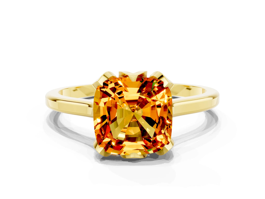 Yellow gold Cushion Cut Citrine Solitaire Ring with Flower Prong Setting and Classic Band_36