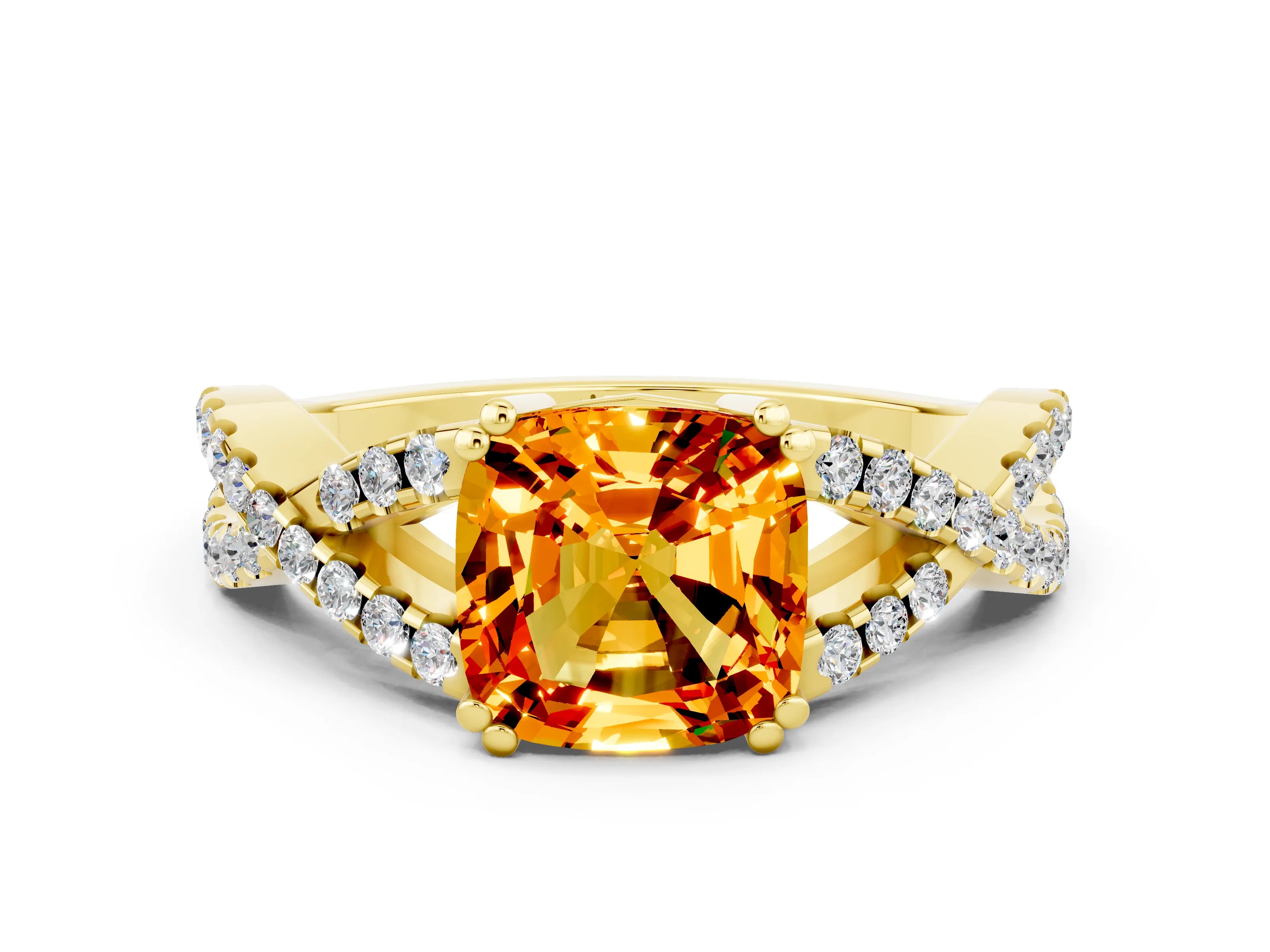 Yellow gold Cushion Cut Citrine Solitaire Ring with Four-Prong Setting and Twisted Pavé Band