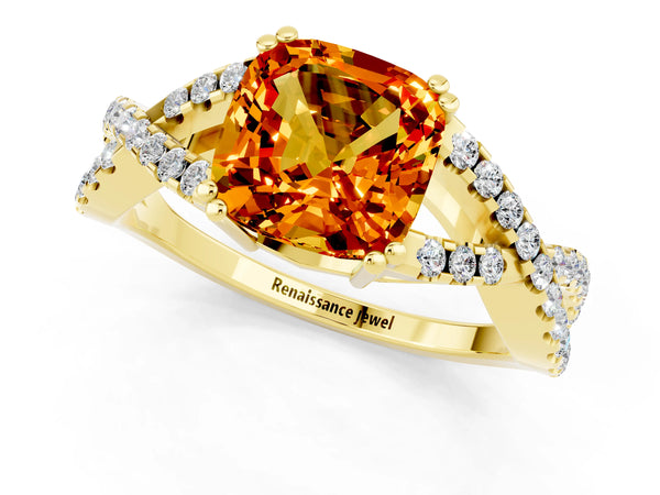 Yellow gold Cushion Cut Citrine Solitaire Ring with Four-Prong Setting and Twisted Pavé Band