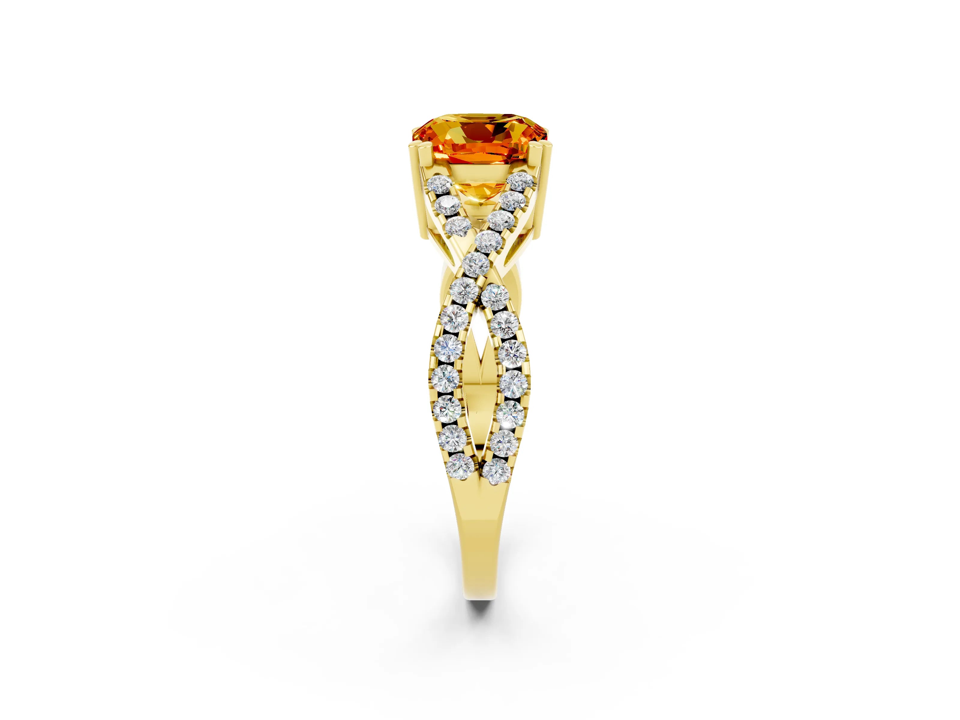 Yellow gold Cushion Cut Citrine Solitaire Ring with Four-Prong Setting and Twisted Pavé Band_2